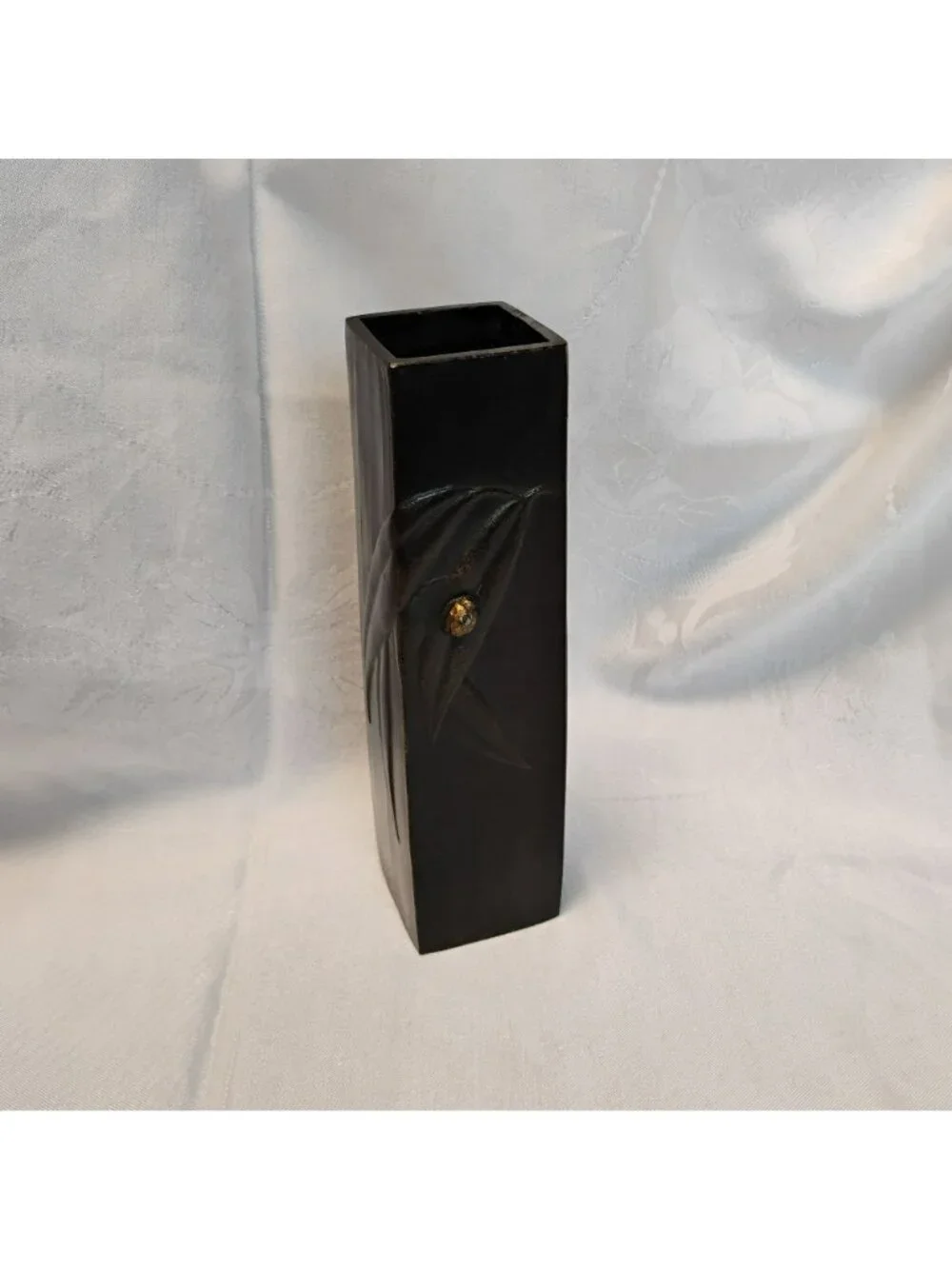 Vintage Japanese Ikebana Vase - MCM Faux Bronze Cast Metal Bamboo Pillar 9